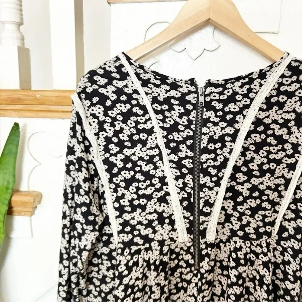 FREE PEOPLE Like You Best Black White Long Sleeve Mini Dress w/ Pockets Size XS